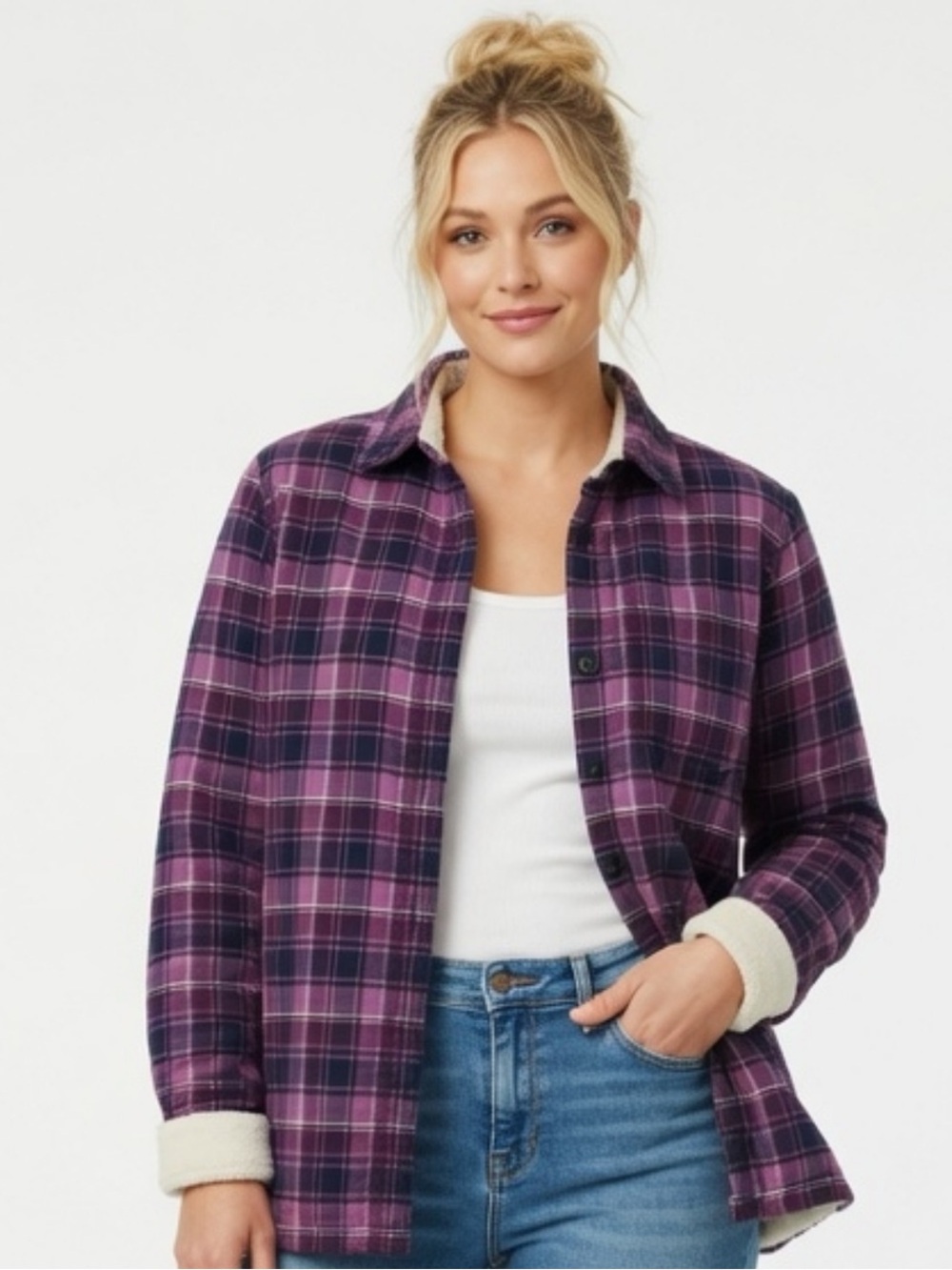 L.L. Bean Purple Plaid Fleece Lined Flannel Size L